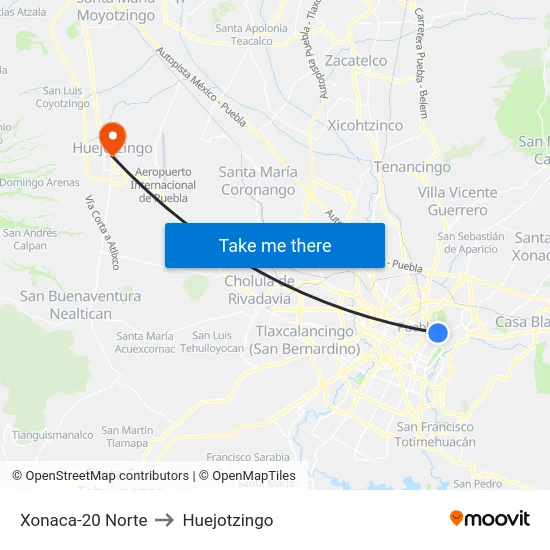 Xonaca-20 Norte to Huejotzingo map