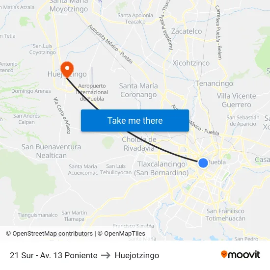 21 Sur - Av. 13 Poniente to Huejotzingo map
