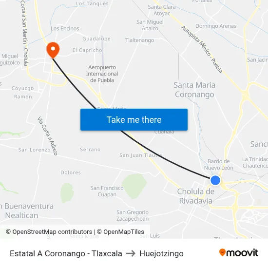 Estatal A Coronango - Tlaxcala to Huejotzingo map