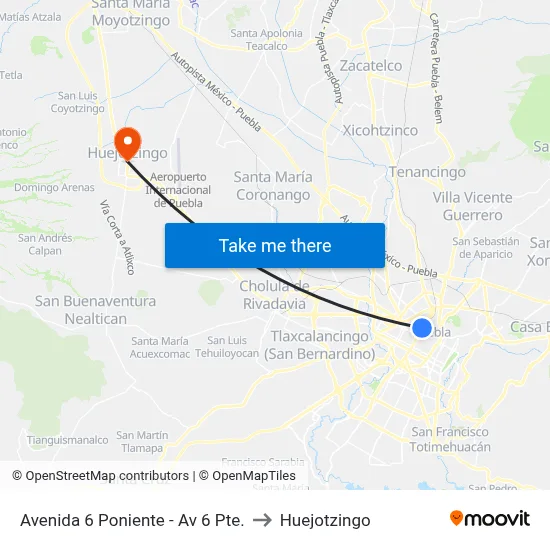 Avenida 6 Poniente - Av 6 Pte. to Huejotzingo map