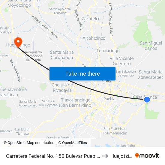 Carretera Federal No. 150 Bulevar Puebla - Tepeaca to Huejotzingo map