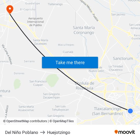 Del Niño Poblano to Huejotzingo map