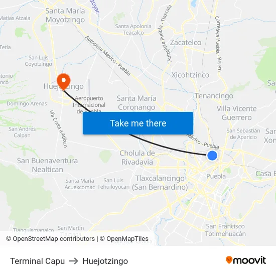 Terminal Capu to Huejotzingo map