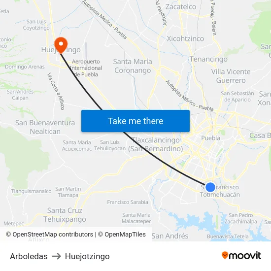 Arboledas to Huejotzingo map