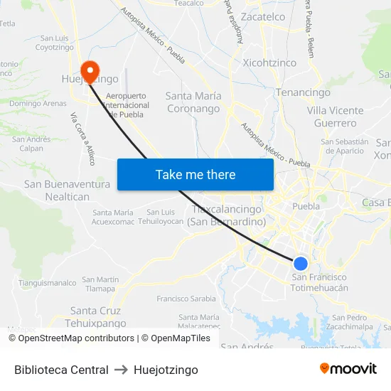 Biblioteca Central to Huejotzingo map