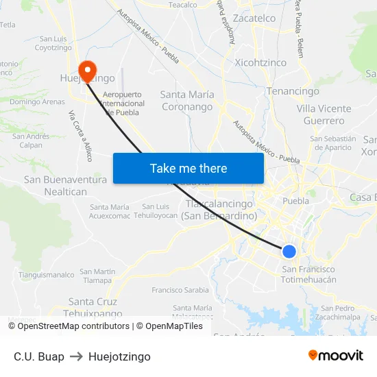 C.U. Buap to Huejotzingo map
