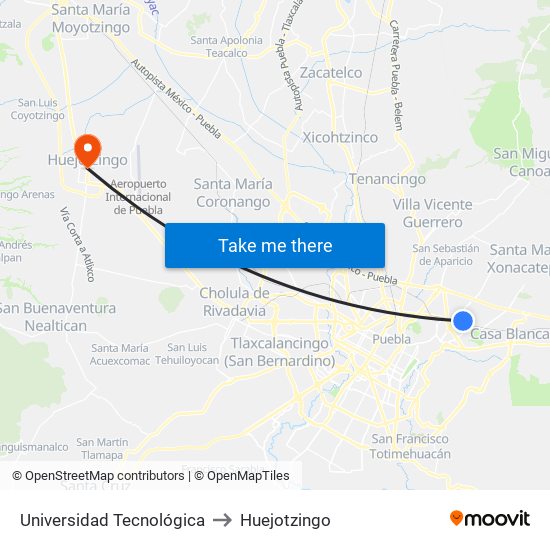 Universidad Tecnológica to Huejotzingo map