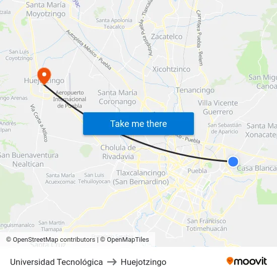 Universidad Tecnológica to Huejotzingo map