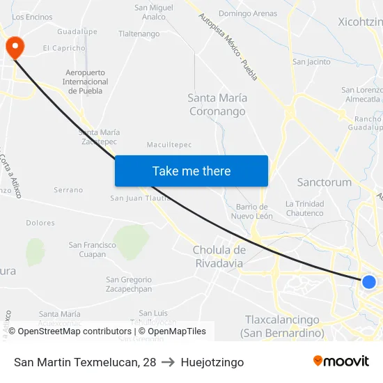 San Martin Texmelucan, 28 to Huejotzingo map