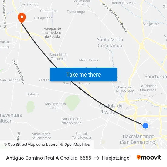 Antiguo Camino Real A Cholula, 6655 to Huejotzingo map