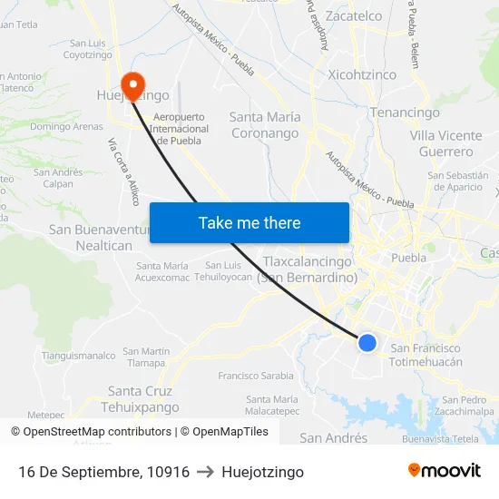 16 De Septiembre, 10916 to Huejotzingo map