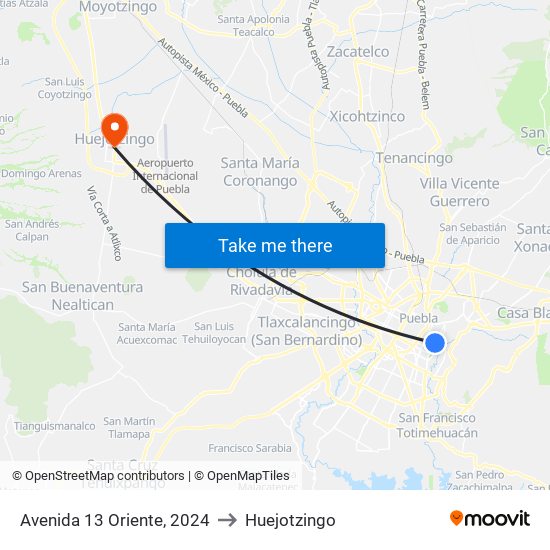 Avenida 13 Oriente, 2024 to Huejotzingo map