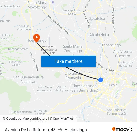 Avenida De La Reforma, 43 to Huejotzingo map