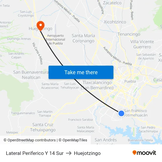 Lateral Periferico Y 14 Sur to Huejotzingo map