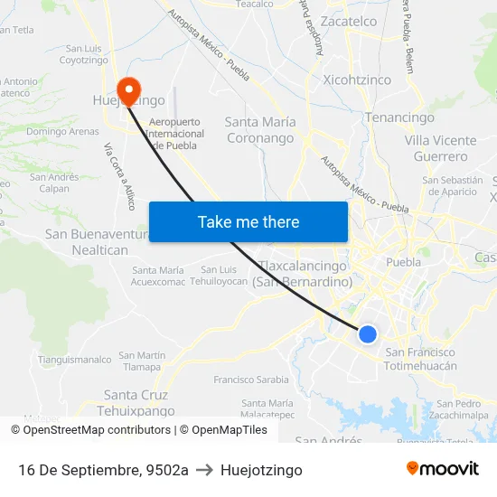 16 De Septiembre, 9502a to Huejotzingo map