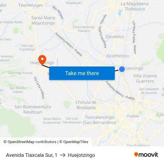 Avenida Tlaxcala Sur, 1 to Huejotzingo map