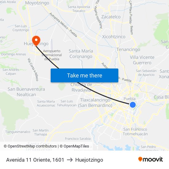 Avenida 11 Oriente, 1601 to Huejotzingo map