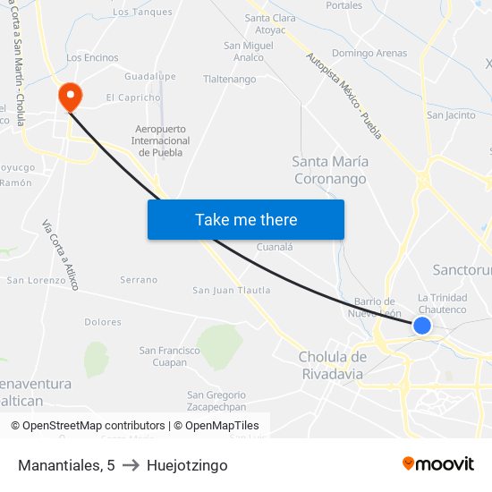 Manantiales, 5 to Huejotzingo map