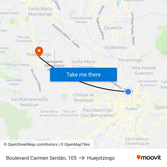 Boulevard Carmen Serdán, 105 to Huejotzingo map