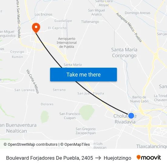 Boulevard Forjadores De Puebla, 2405 to Huejotzingo map