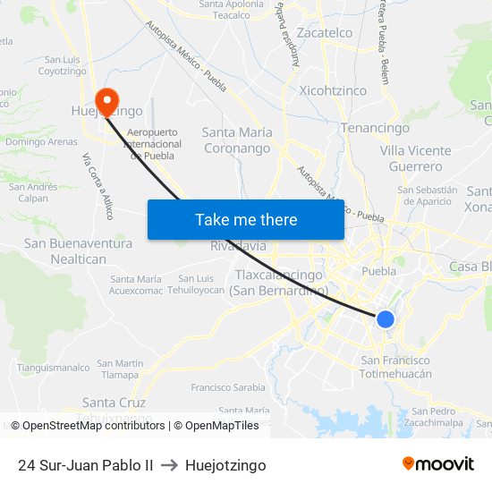 24 Sur-Juan Pablo II to Huejotzingo map