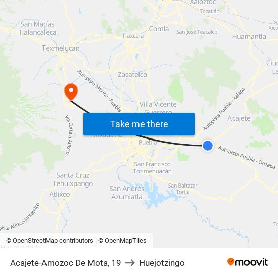 Acajete-Amozoc De Mota, 19 to Huejotzingo map