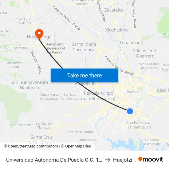 Universidad Autonoma De Puebla O C. 14 Sur, 5904 to Huejotzingo map