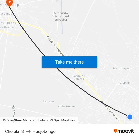 Cholula, 8 to Huejotzingo map