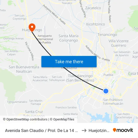 Avenida San Claudio / Prol. De La 14 Sur to Huejotzingo map
