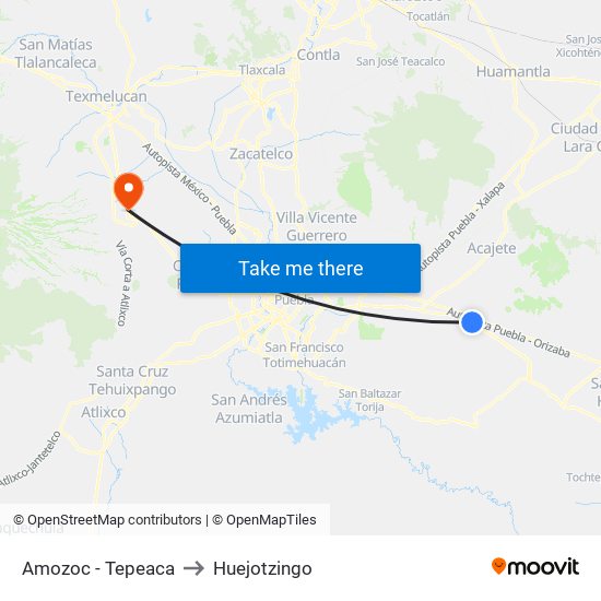 Amozoc - Tepeaca to Huejotzingo map