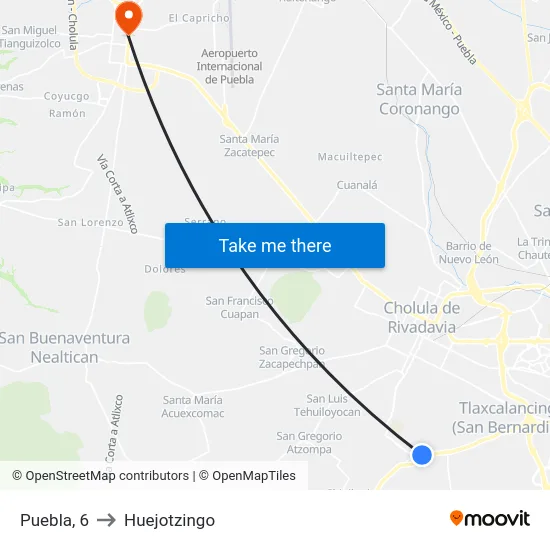 Puebla, 6 to Huejotzingo map