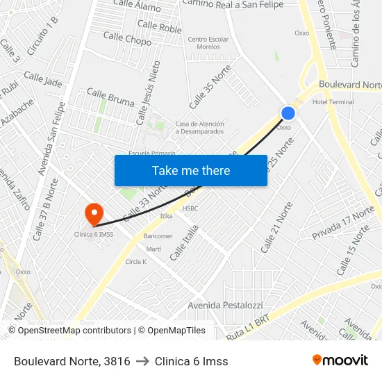 Boulevard Norte, 3816 to Clinica 6 Imss map