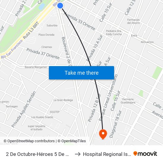 2 De Octubre-Héroes 5 De Mayo to Hospital Regional Isste map