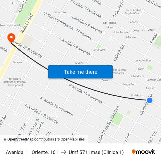 Avenida 11 Oriente, 161 to Umf 571 Imss (Clínica 1) map