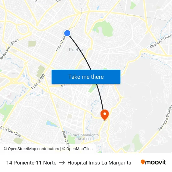 14 Poniente-11 Norte to Hospital Imss La Margarita map