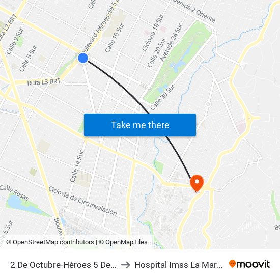 2 De Octubre-Héroes 5 De Mayo to Hospital Imss La Margarita map