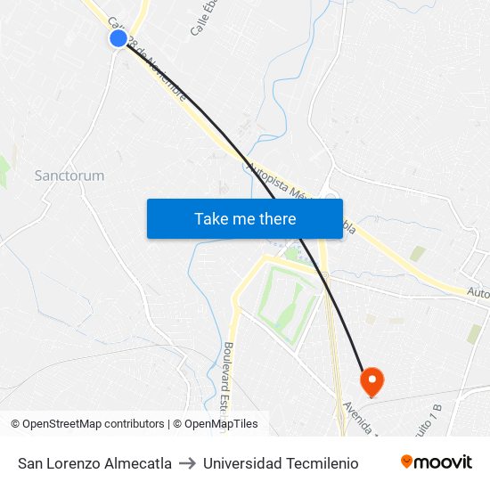 San Lorenzo Almecatla to Universidad Tecmilenio map