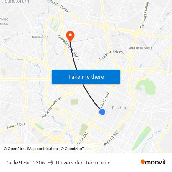 Calle 9 Sur 1306 to Universidad Tecmilenio map