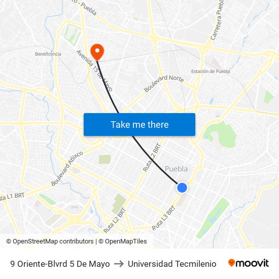 9 Oriente-Blvrd 5 De Mayo to Universidad Tecmilenio map