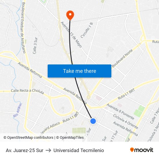 Av. Juarez-25 Sur to Universidad Tecmilenio map