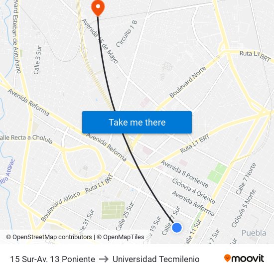 15 Sur-Av. 13 Poniente to Universidad Tecmilenio map