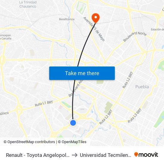 Renault - Toyota Angelopolis to Universidad Tecmilenio map