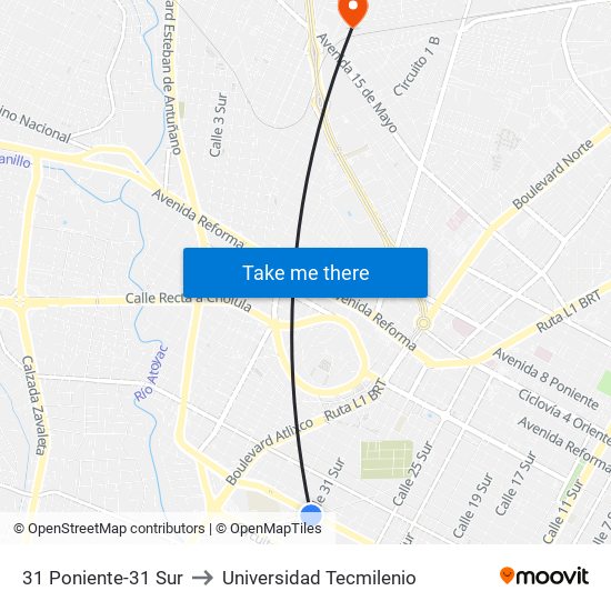 31 Poniente-31 Sur to Universidad Tecmilenio map