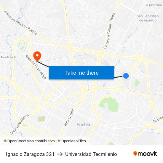 Ignacio Zaragoza 321 to Universidad Tecmilenio map