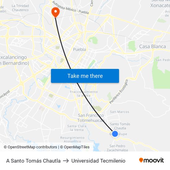 A Santo Tomás Chautla to Universidad Tecmilenio map