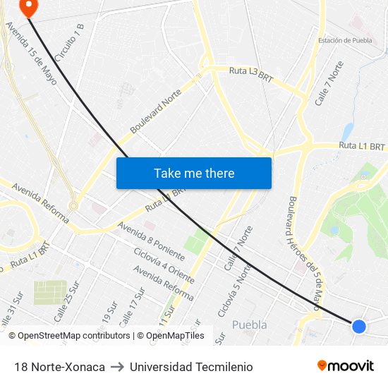 18 Norte-Xonaca to Universidad Tecmilenio map