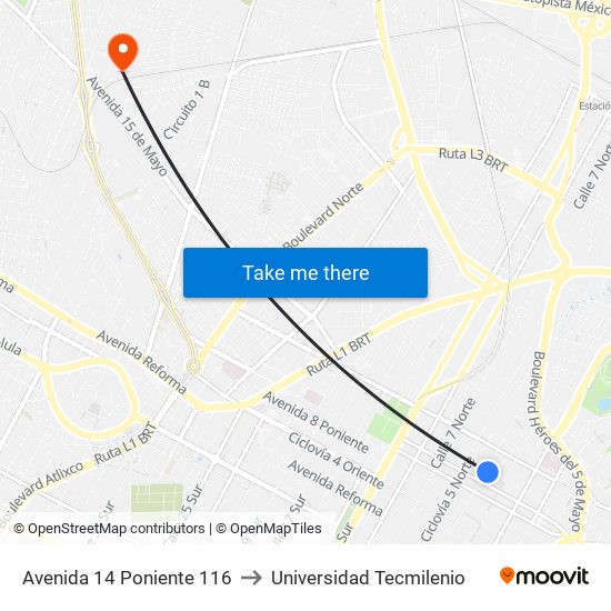 Avenida 14 Poniente 116 to Universidad Tecmilenio map