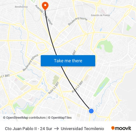 Cto Juan Pablo II - 24 Sur to Universidad Tecmilenio map