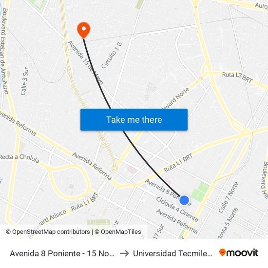 Avenida 8 Poniente - 15 Norte to Universidad Tecmilenio map