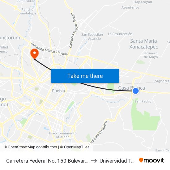Carretera Federal No. 150 Bulevar Puebla - Tepeaca to Universidad Tecmilenio map